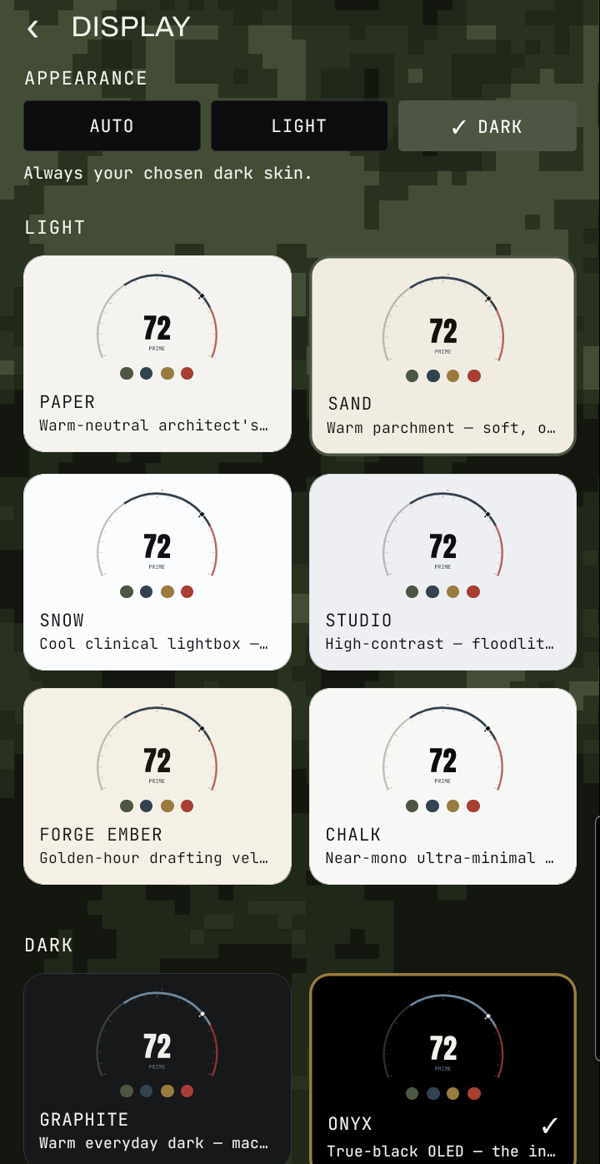 Ascend Log display settings showing color modes and digital camo controls