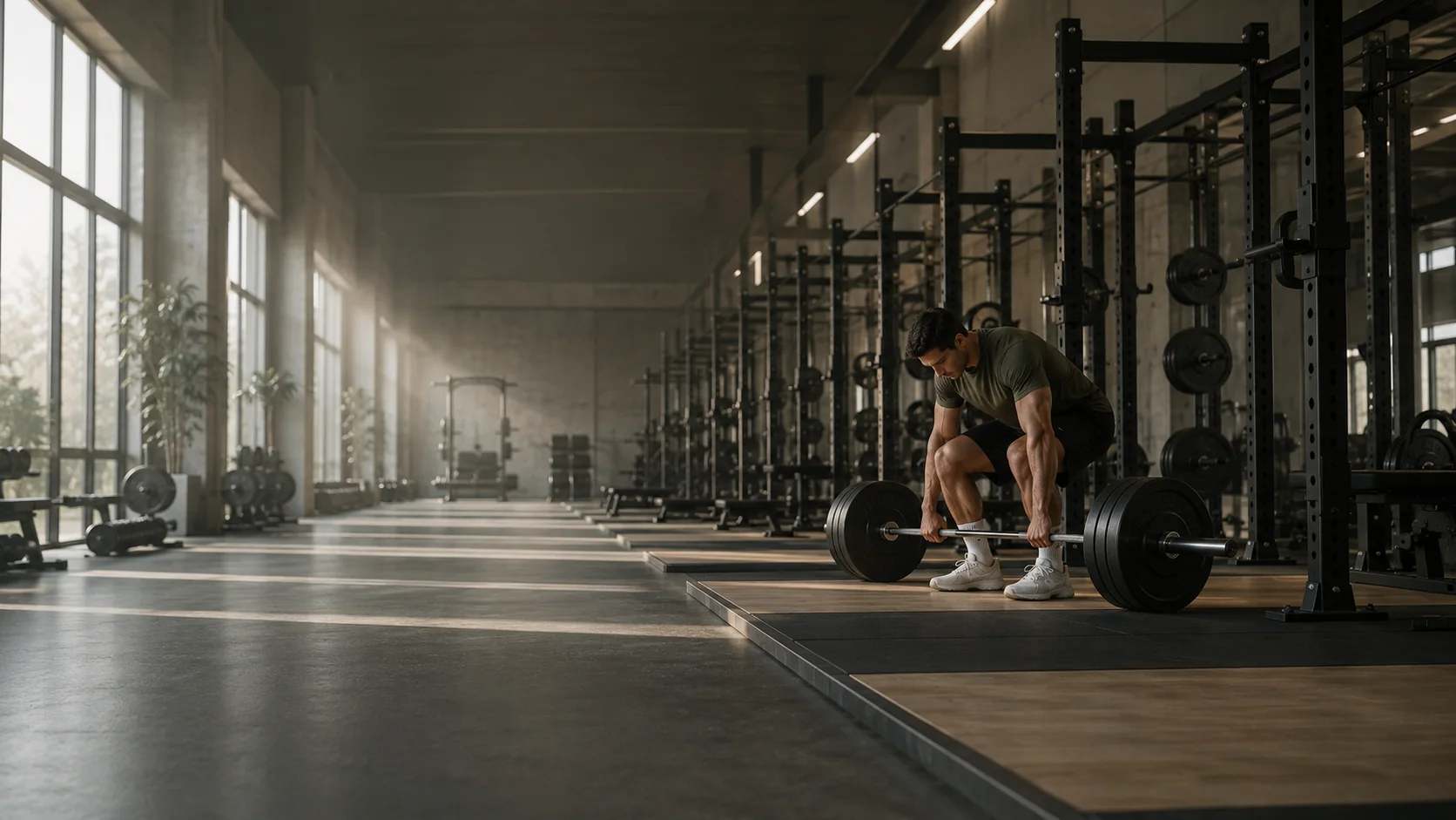 A lifter setting up for a deadlift in a quiet sunlit training hall