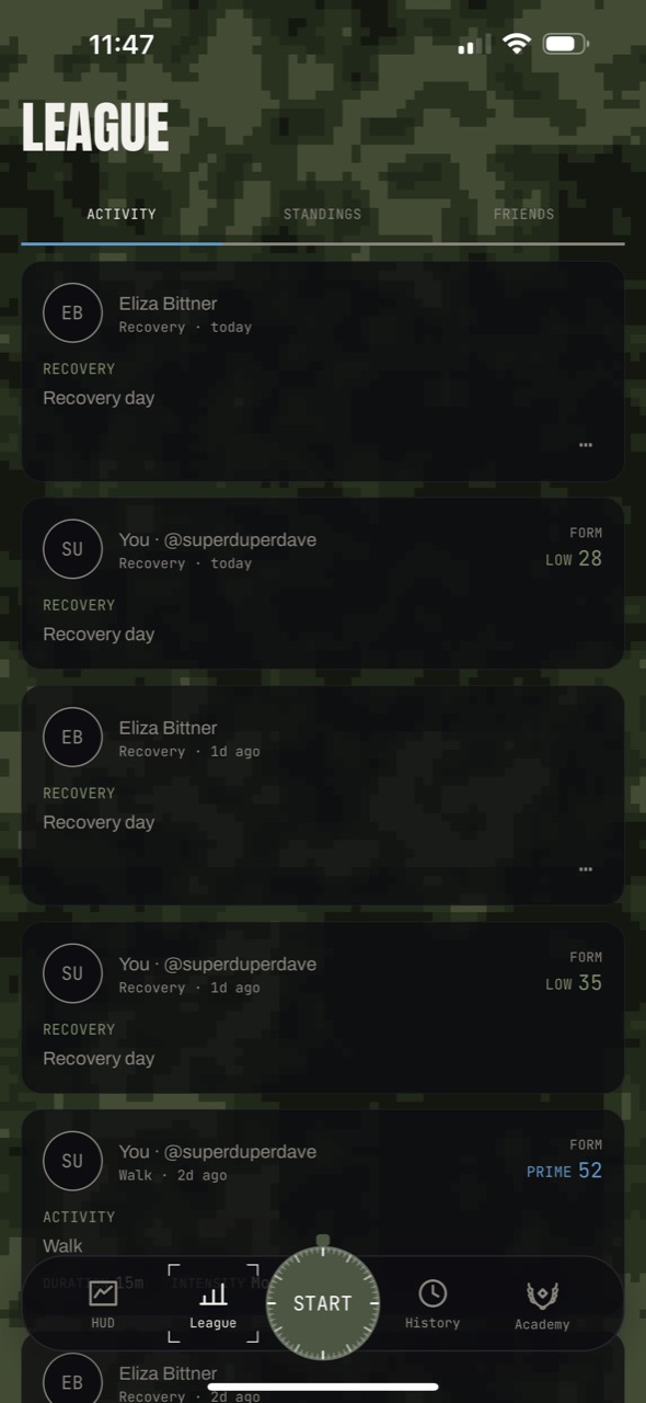 Ascend League activity feed with tabs for activity, standings, and friends