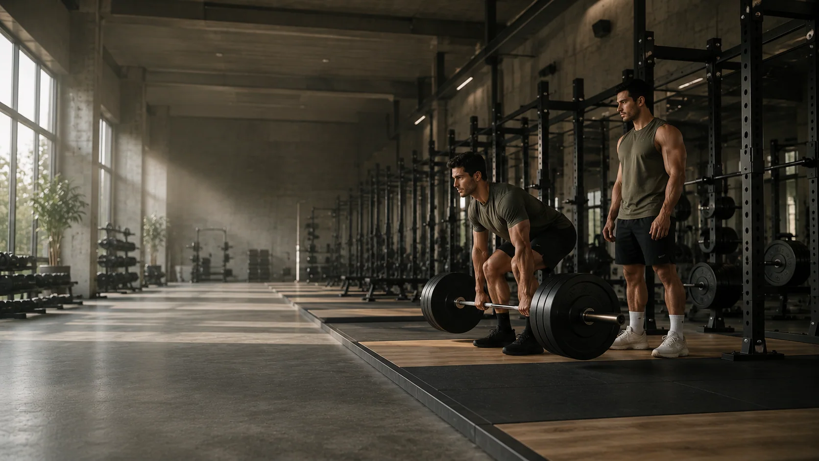 Two training partners at a deadlift platform in a quiet gym