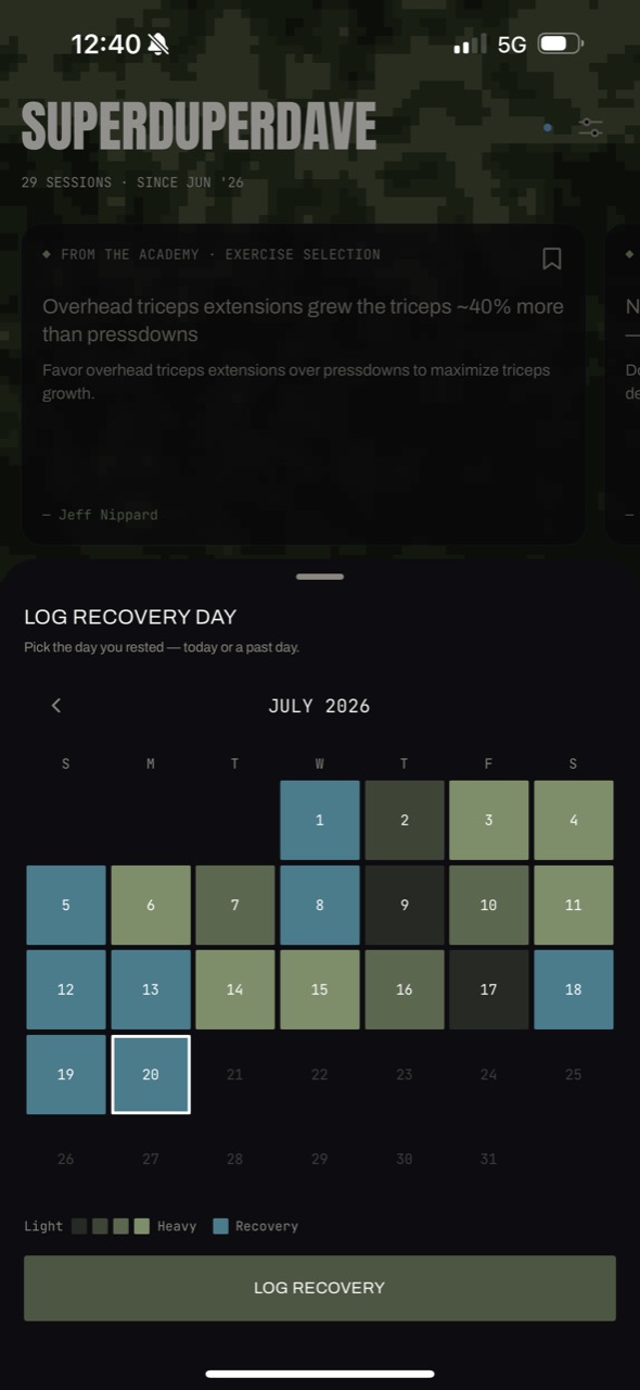 Ascend Log Calendar showing color-coded training and recovery days for July
